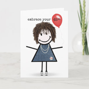 65th Birthday Stick Figuur Girl met rode ballon Kaart