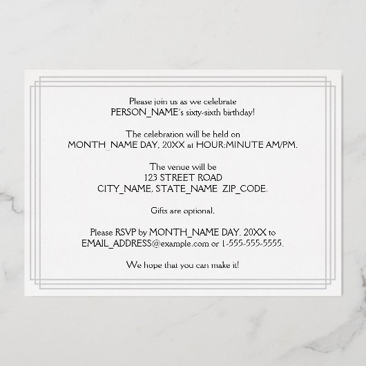 66e verjaardag — Art Deco look "66" + naam Folie Uitnodiging (Achterkant)