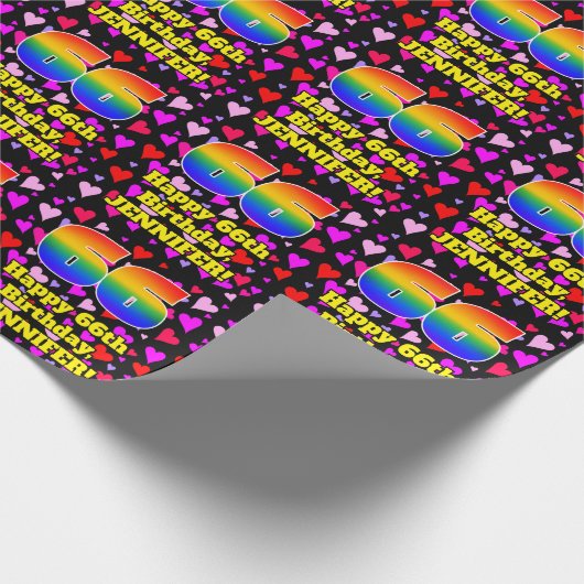 66e verjaardag: Beeldende hartenpatronen, regenboo Cadeaupapier (Hoek)
