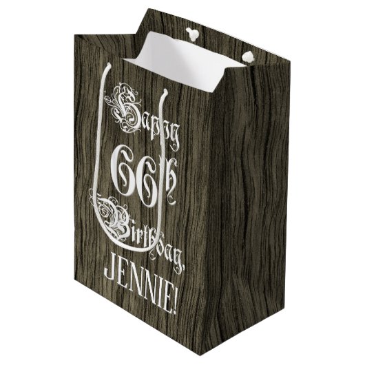 66e verjaardag: Fancy, Faux Wood Kijk + Aangepaste Medium Cadeauzakje (Voorkant Gekanteld)