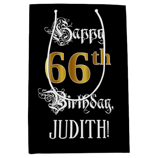 66e verjaardag ~ Fancy script; Faux Gold look; naa Medium Cadeauzakje (Voorkant)