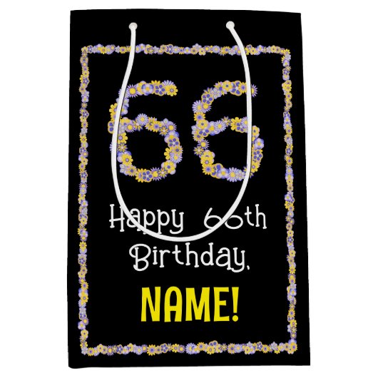 66e verjaardag: Floral Flowers Number, Custom Name Medium Cadeauzakje (Voorkant)