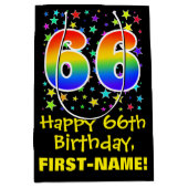 66e verjaardag: kleurrijk sterrenpatroon en regenb medium cadeauzakje (Voorkant)