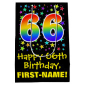 66e verjaardag: kleurrijk sterrenpatroon en regenb medium cadeauzakje (Achterkant)