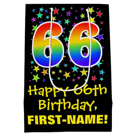 66e verjaardag: kleurrijk sterrenpatroon en regenb medium cadeauzakje (Achterkant)