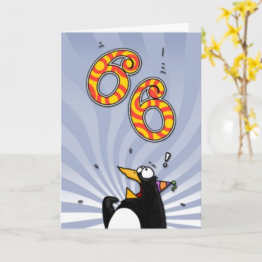 66e verjaardag - Penguin Surprise Kaart (Gele Bloem)