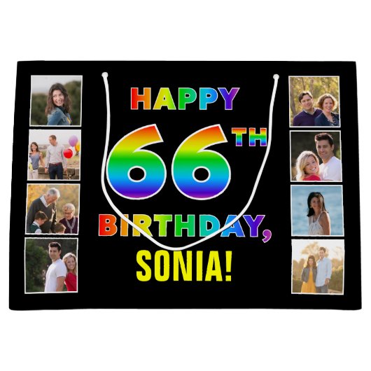 66e Verjaardag: Regenboogtekst, Aangepaste foto's Groot Cadeauzakje (Voorkant)
