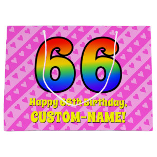 66e verjaardag: roze strips & harten, regenboognr. groot cadeauzakje