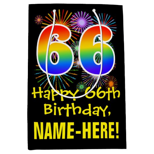 66e verjaardag: Vuurwerk Fun Pattern + Regenboog 6 Medium Cadeauzakje (Voorkant)