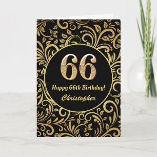 66th Birthday Black en Gold Floral Pattern Kaart