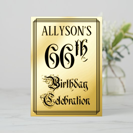 66th Birthday Party — Elegant Script + aangepaste  Folie Uitnodiging (Staand Voorkant)