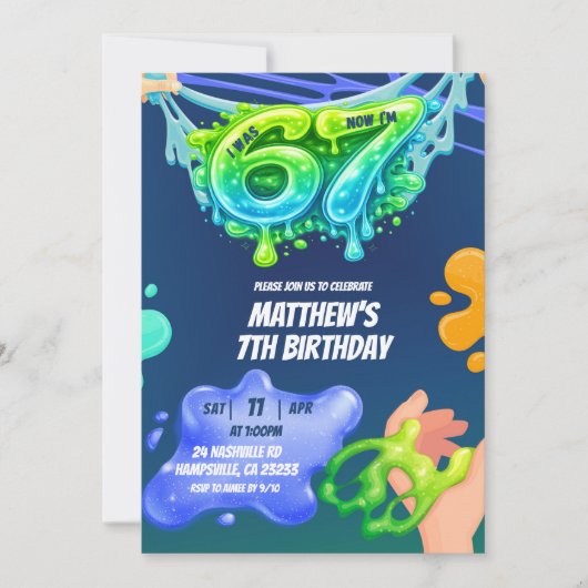 67 Boy Neon Blue Green Slime Birthday Invitation (Devant)