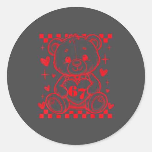 67 Cute Heart Teddy Bear Valentine's Day Six Seven Ronde Sticker (Voorkant)