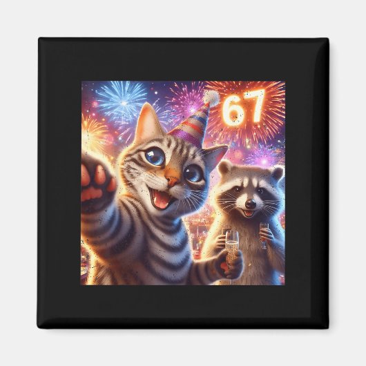 67 Meme Cat Raccoon New Year Selfie Funny Birthday Magneet (Voorkant)
