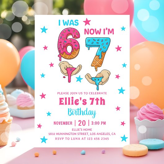 67 Six Seven Girl Birthday Invitation Kaart