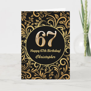 67e Birthday Black en Gold Floral Pattern Kaart