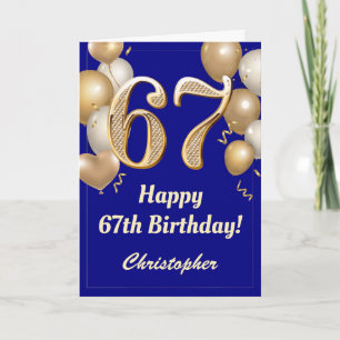 67e Birthday Navy Blue en Gold Balloons Confetti Kaart