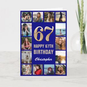 67e Happy Birthday Navy Blue & Gold Photo Collage Kaart