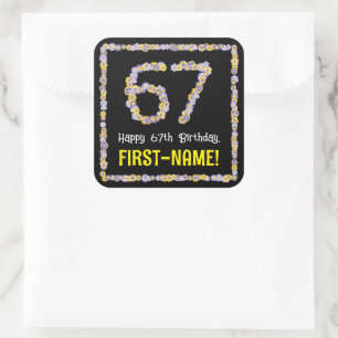 67e verjaardag: Floral Flowers Number, Custom Name Vierkante Sticker