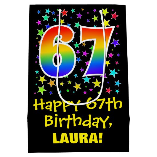 67e verjaardag: Kleurrijke Sterren Patroon & Regen Medium Cadeauzakje (Achterkant)