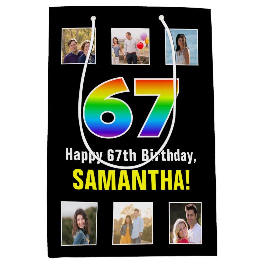 67e verjaardag: Regenboog "67", aangepaste foto's Medium Cadeauzakje (Voorkant)