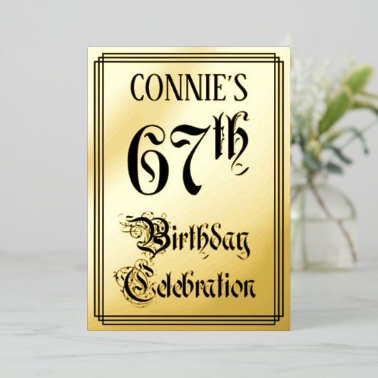 67th Birthday Party — Elegant Script + aangepaste Folie Uitnodiging (Staand Voorkant)