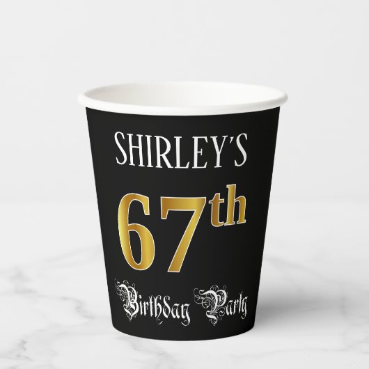 67th Birthday Party — Fancy script, Faux Gold look Papieren Bekers (Voorkant)