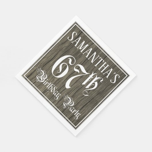 67th Birthday Party — Fancy script, Faux Wood Kijk Servet (Hoek)