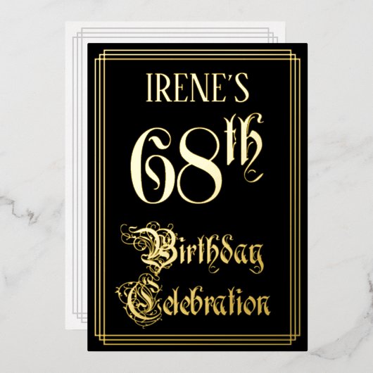 68e verjaardag — Fancy script en aangepaste naam Folie Uitnodiging (Voorkant / Achterkant)