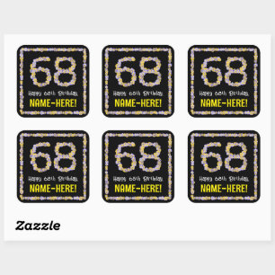 68e verjaardag: Floral Flowers Number, Custom Name Vierkante Sticker