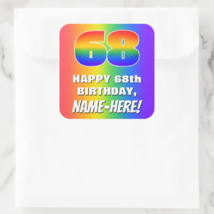 68e verjaardag: kleurrijk, vun regenboogpatroon #  vierkante sticker