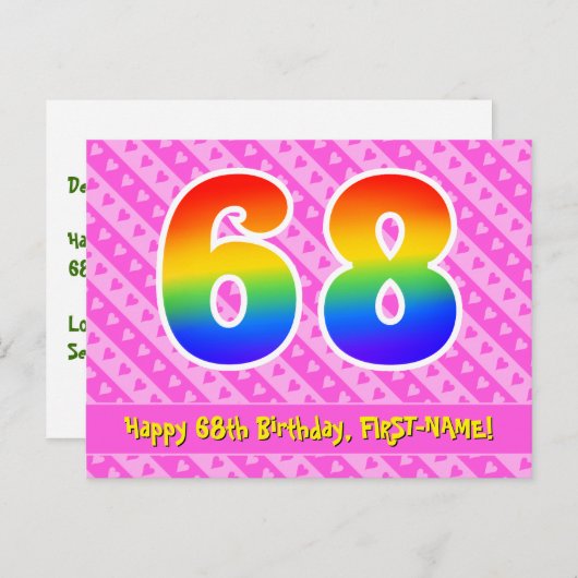 68e verjaardag: Roze strepen & harten, Regenboog 6 Briefkaart (Voorkant / Achterkant)