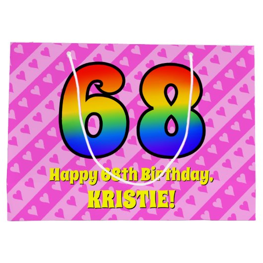 68e verjaardag: roze strips & harten, regenboognr. groot cadeauzakje (Achterkant)