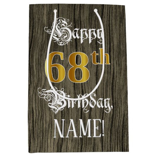 68ste verjaardag: Faux Gold look & Faux Wood Patte Medium Cadeauzakje (Voorkant)