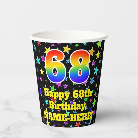 68ste verjaardag: Fun Stars Pattern en Rainbow 68 Papieren Bekers (Voorkant)