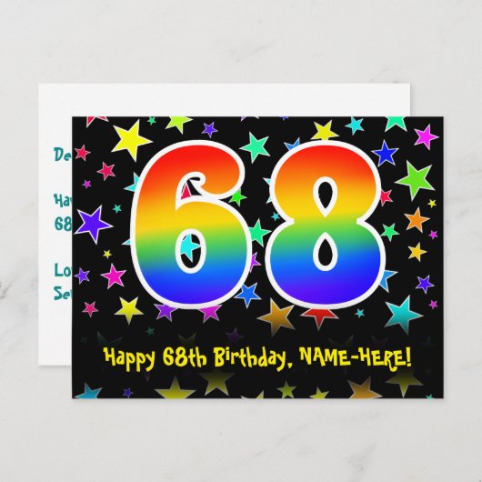 68ste verjaardag: Fun Stars Pattern, Rainbow 68, N Briefkaart (Voorkant / Achterkant)