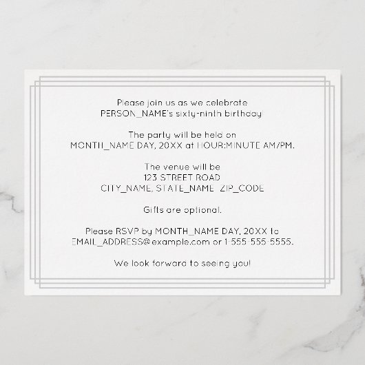 69e verjaardag — Art Deco Style "69" + Naam Folie Uitnodiging (Achterkant)