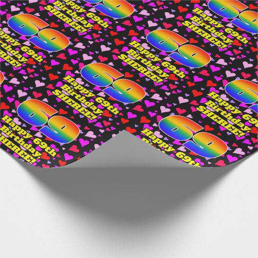 69e verjaardag: Beeldende harten Patroon, Regenboo Cadeaupapier (Hoek)