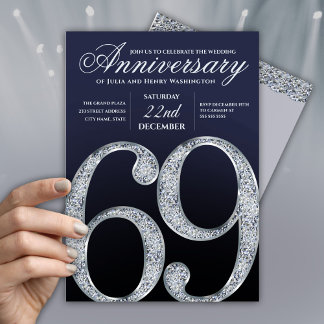 69e verjaardag diamant zilver marineblauw modern kaart
