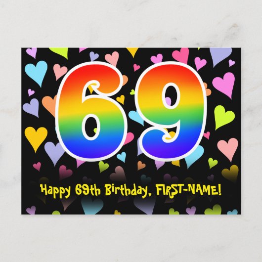 69e verjaardag: Fun Hearts Pattern, Rainbow 69 Briefkaart (Voorkant)