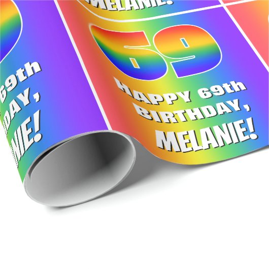 69e verjaardag: kleurrijk, vun regenboogpatroon # cadeaupapier (Rol Hoek)