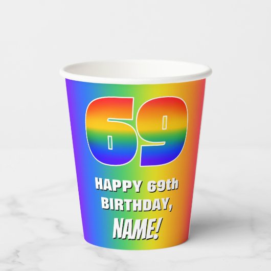 69e verjaardag: kleurrijk, vun regenboogpatroon #  papieren bekers (Achterkant)