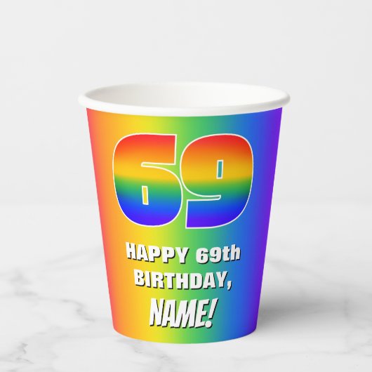 69e verjaardag: kleurrijk, vun regenboogpatroon #  papieren bekers (Voorkant)
