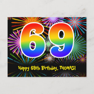 69e Verjaardag – Leuke Vuurwerk Patroon + Regenboo Briefkaart