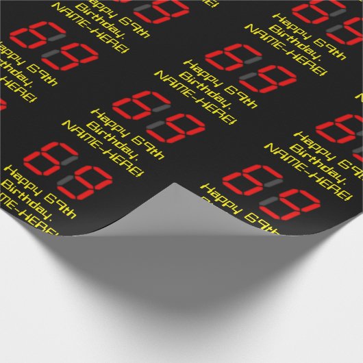 69e verjaardag: Rode digitale klokstijl "69" + naa Cadeaupapier (Hoek)