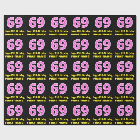 69e verjaardag: Roze strepen en hart "69" + naam Cadeaupapier (Vlak)