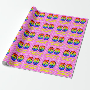 69e verjaardag: Roze strips & harten, regenboognr. Cadeaupapier
