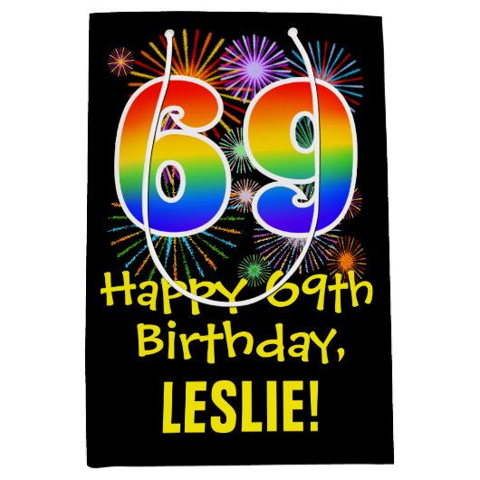 69e verjaardag: Vuurwerk Fun Pattern + Regenboog 6 Medium Cadeauzakje (Voorkant)