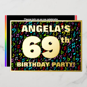 69e Verjaardagsfeest — Leuke, Kleurrijke Muzieksym Folie Uitnodiging