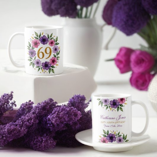 69ème Anniversaire Mug - Couronne florale avec num